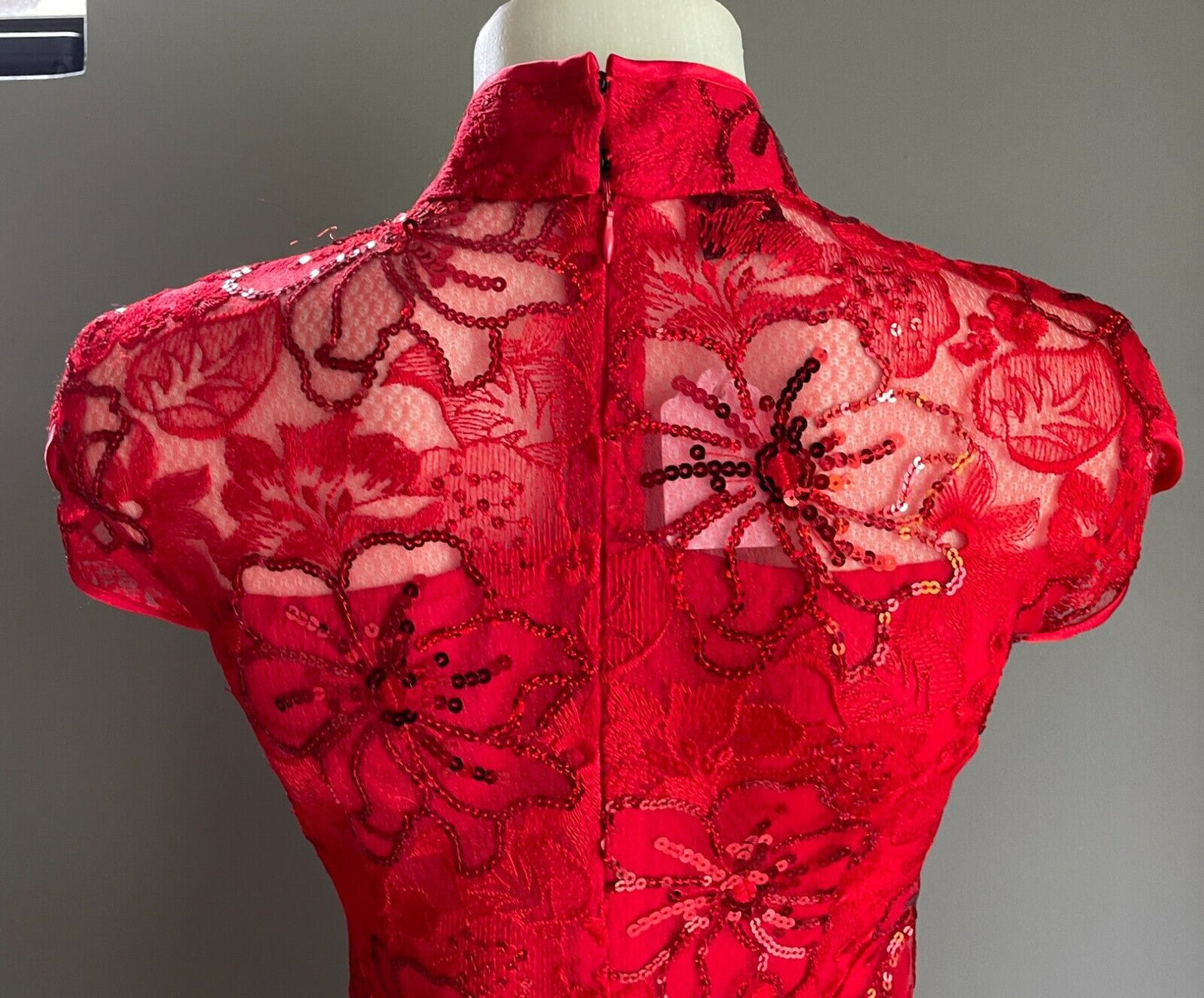 SHUTONG Cheongsam Traditional Chinese Dress Qipao Red Floral Lace Sequin Trim 8