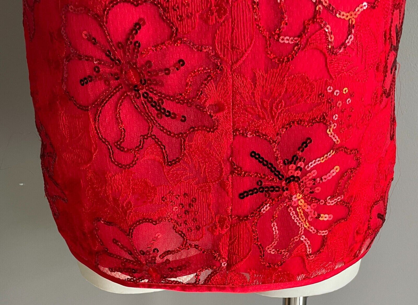 SHUTONG Cheongsam Traditional Chinese Dress Qipao Red Floral Lace Sequin Trim 8