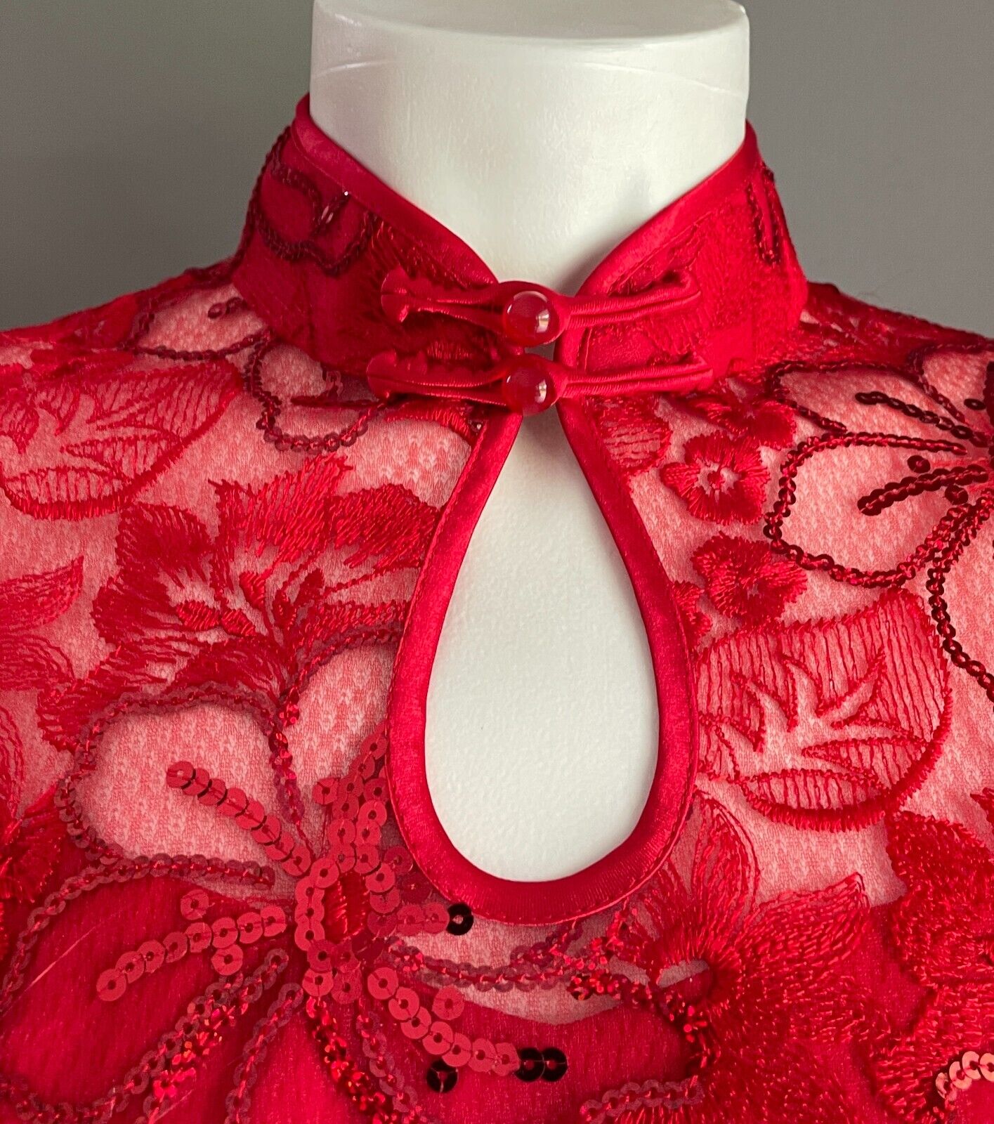 SHUTONG Cheongsam Traditional Chinese Dress Qipao Red Floral Lace Sequin Trim 8