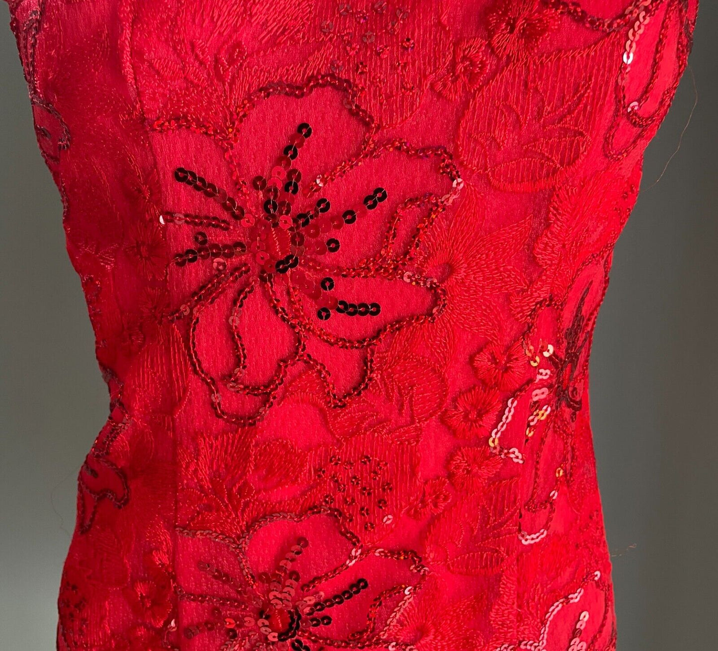 SHUTONG Cheongsam Traditional Chinese Dress Qipao Red Floral Lace Sequin Trim 8