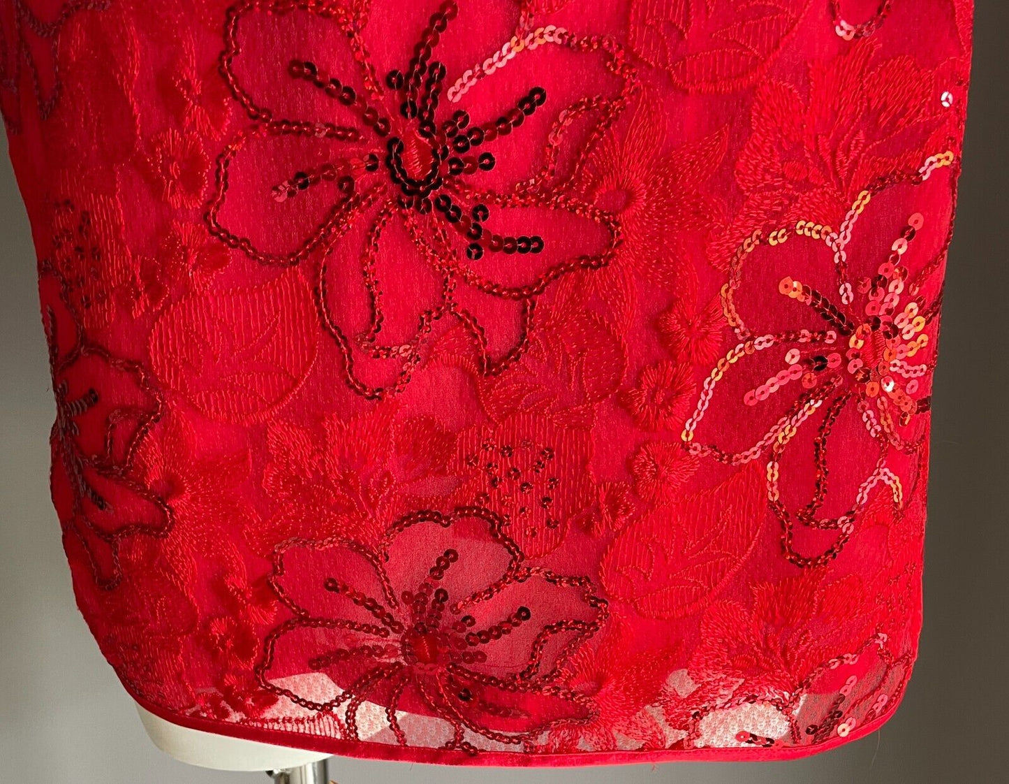 SHUTONG Cheongsam Traditional Chinese Dress Qipao Red Floral Lace Sequin Trim 8