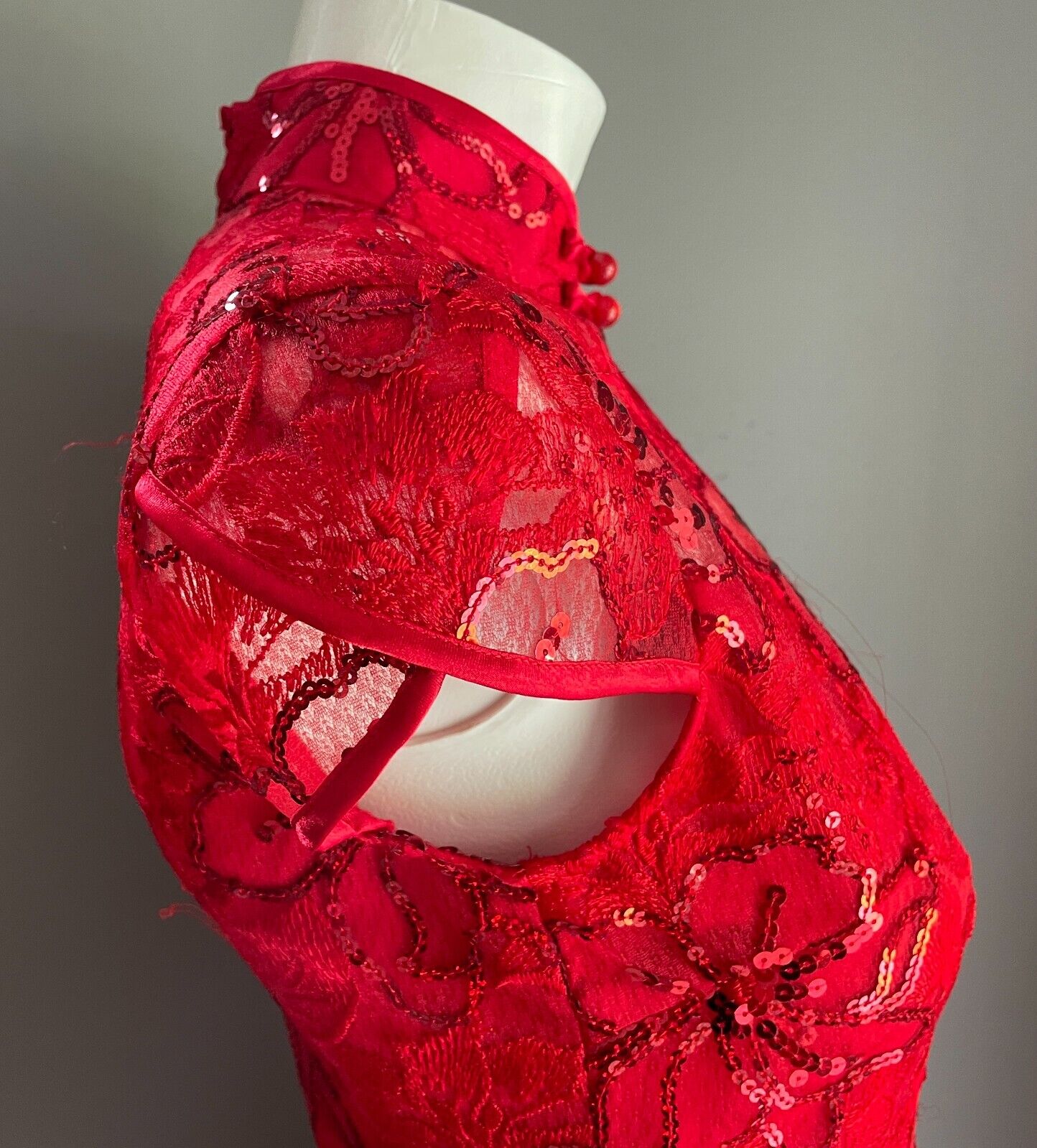SHUTONG Cheongsam Traditional Chinese Dress Qipao Red Floral Lace Sequin Trim 8