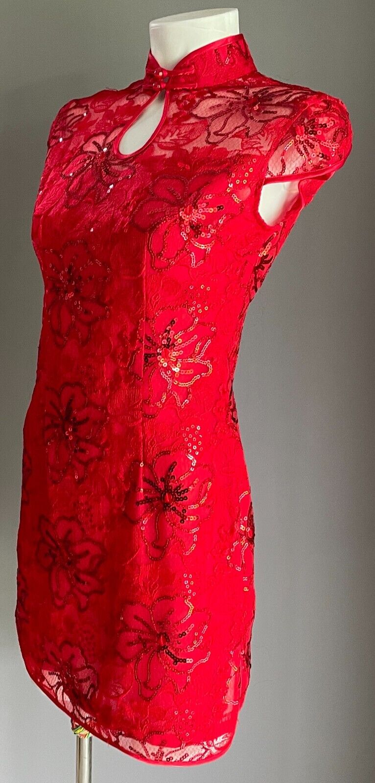 SHUTONG Cheongsam Traditional Chinese Dress Qipao Red Floral Lace Sequin Trim 8