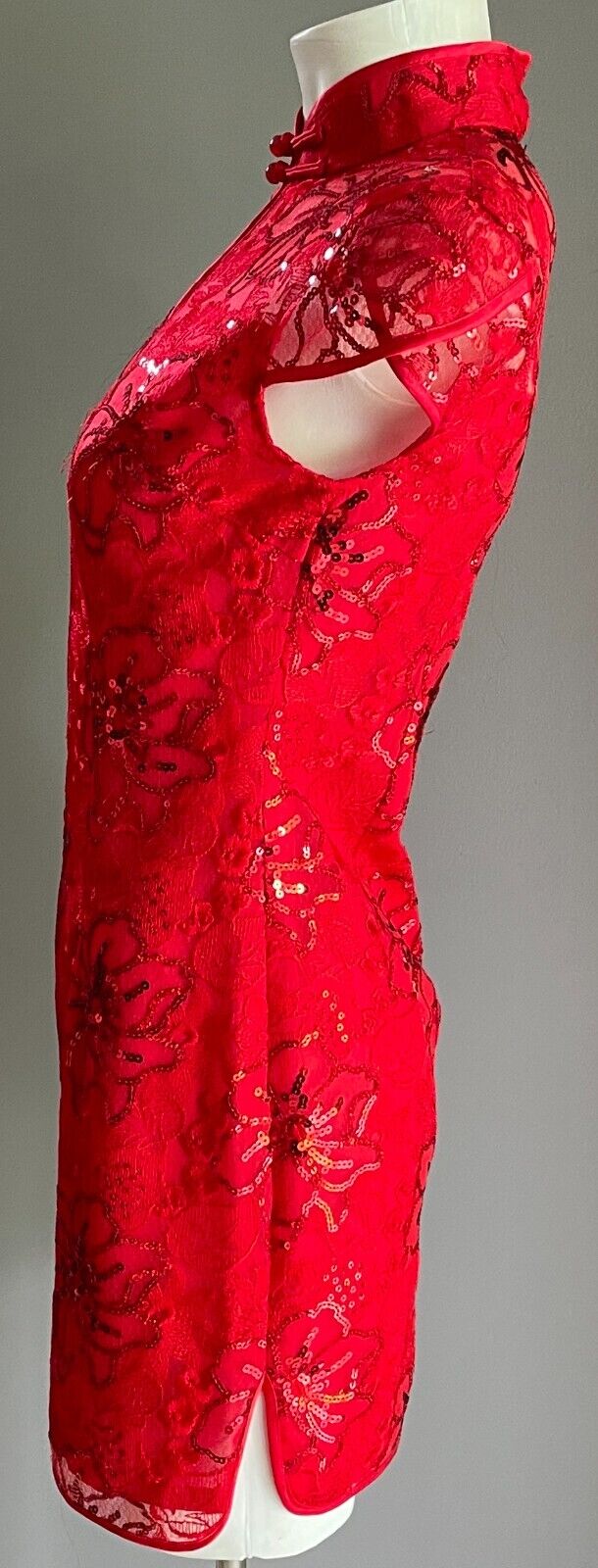 SHUTONG Cheongsam Traditional Chinese Dress Qipao Red Floral Lace Sequin Trim 8