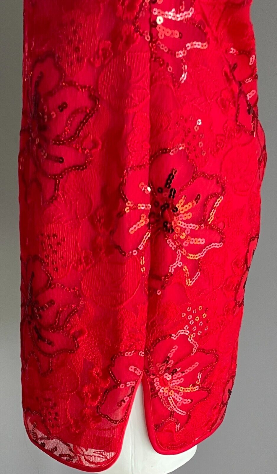 SHUTONG Cheongsam Traditional Chinese Dress Qipao Red Floral Lace Sequin Trim 8