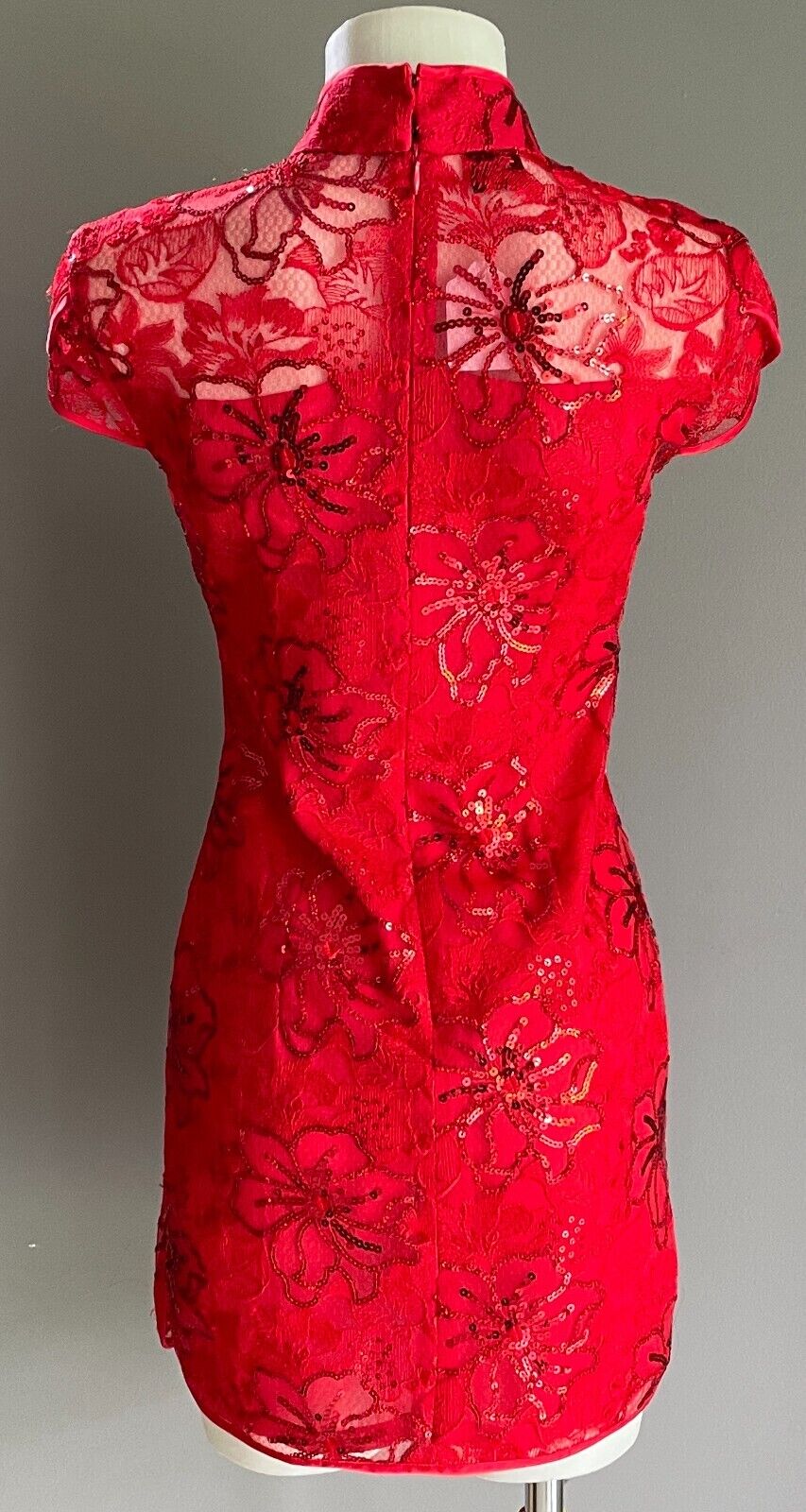 SHUTONG Cheongsam Traditional Chinese Dress Qipao Red Floral Lace Sequin Trim 8