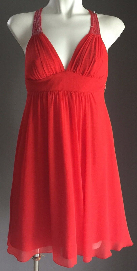 LIPSY Dress Bright Coral Sequin Embellished Sleeveless Empire Waist Size 8 NEW