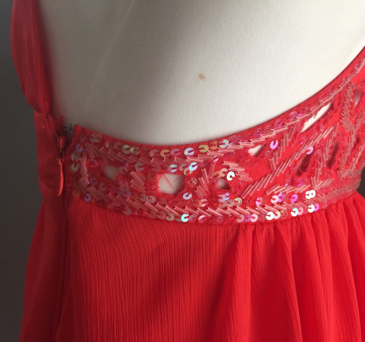 LIPSY Dress Bright Coral Sequin Embellished Sleeveless Empire Waist Size 8 NEW