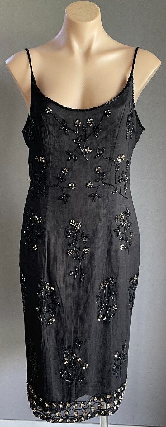 AFTER EIGHT Dress Sheath Sheer Black Gold Sequin Flowers Lined Size 14 12