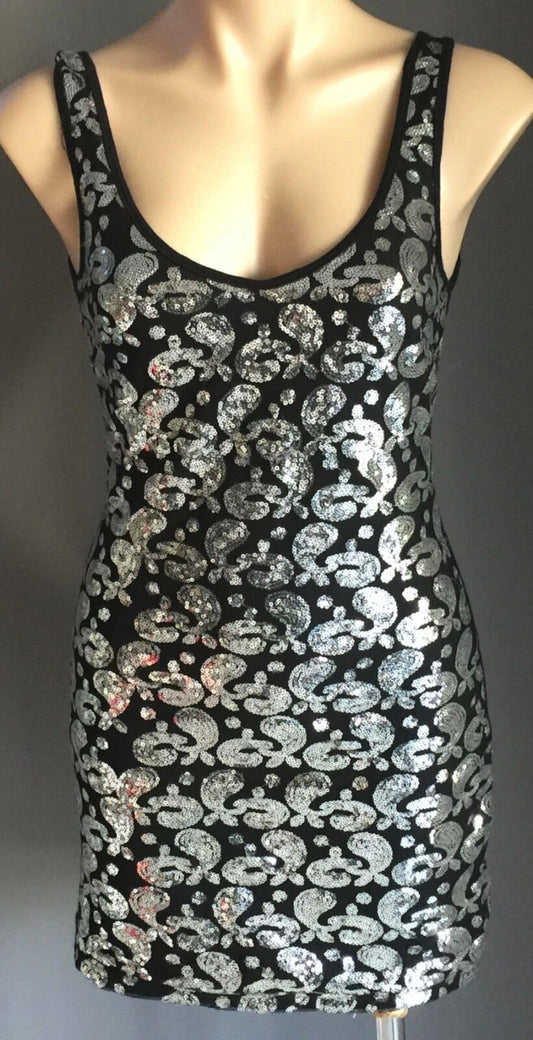 DRESS MINI Black Silver Sequin Tight Stretch Party LBD Ladies Size 8 10 NEW