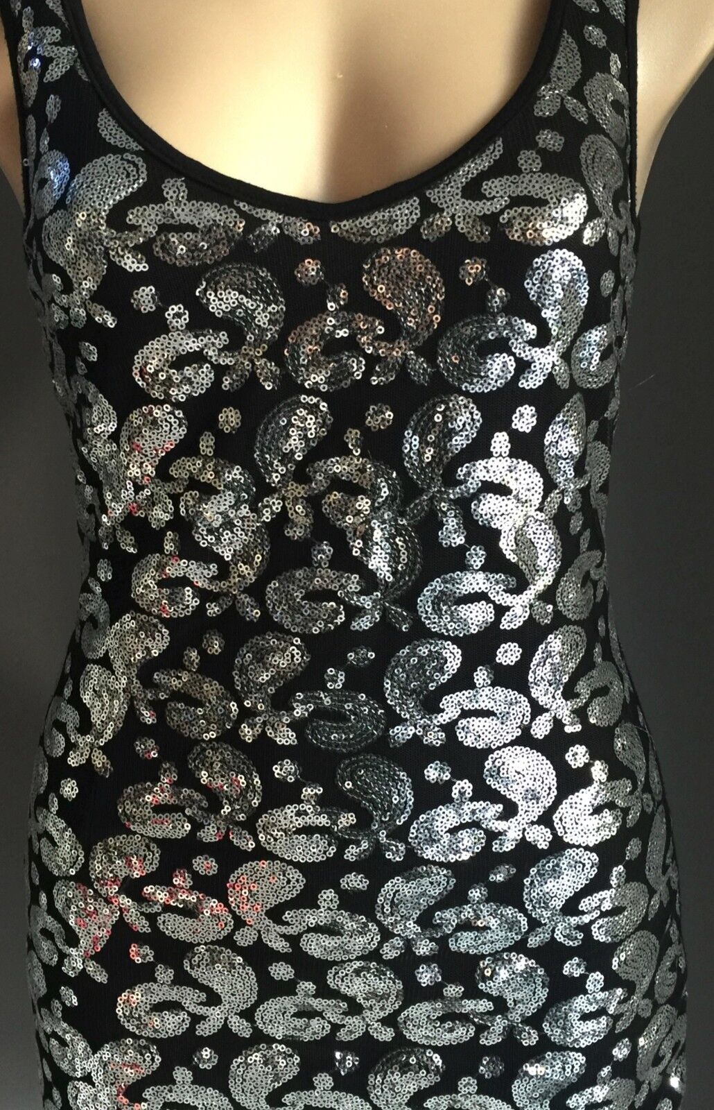DRESS MINI Black Silver Sequin Tight Stretch Party LBD Ladies Size 8 10 NEW