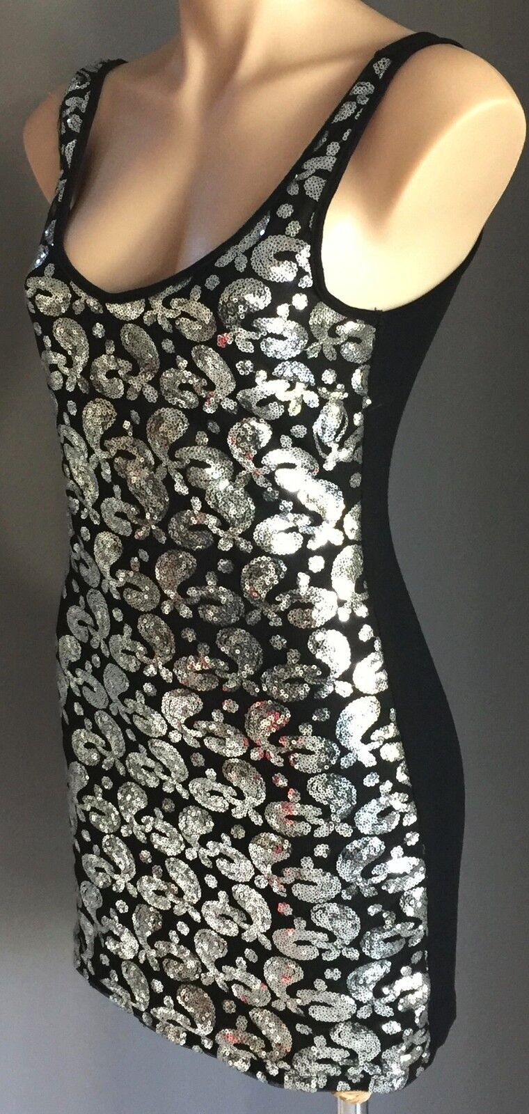 DRESS MINI Black Silver Sequin Tight Stretch Party LBD Ladies Size 8 10 NEW