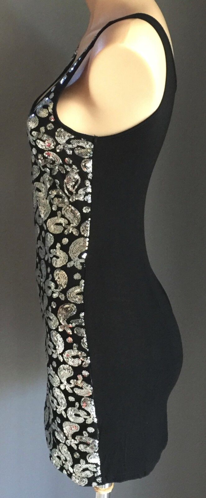 DRESS MINI Black Silver Sequin Tight Stretch Party LBD Ladies Size 8 10 NEW