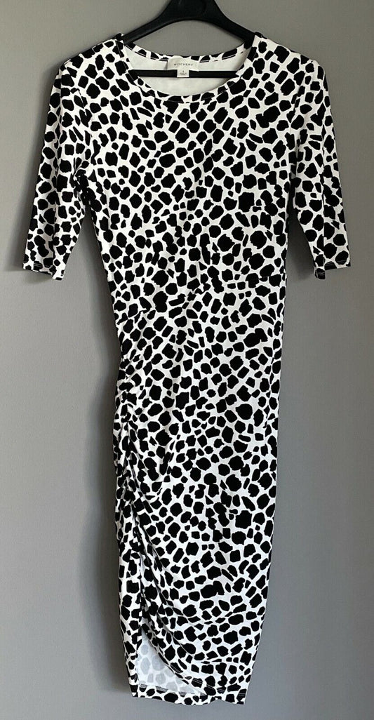 WITCHERY Bodycon Dress Black Off White Giraffe Print 3/4 Sleeve Stretch Size 4