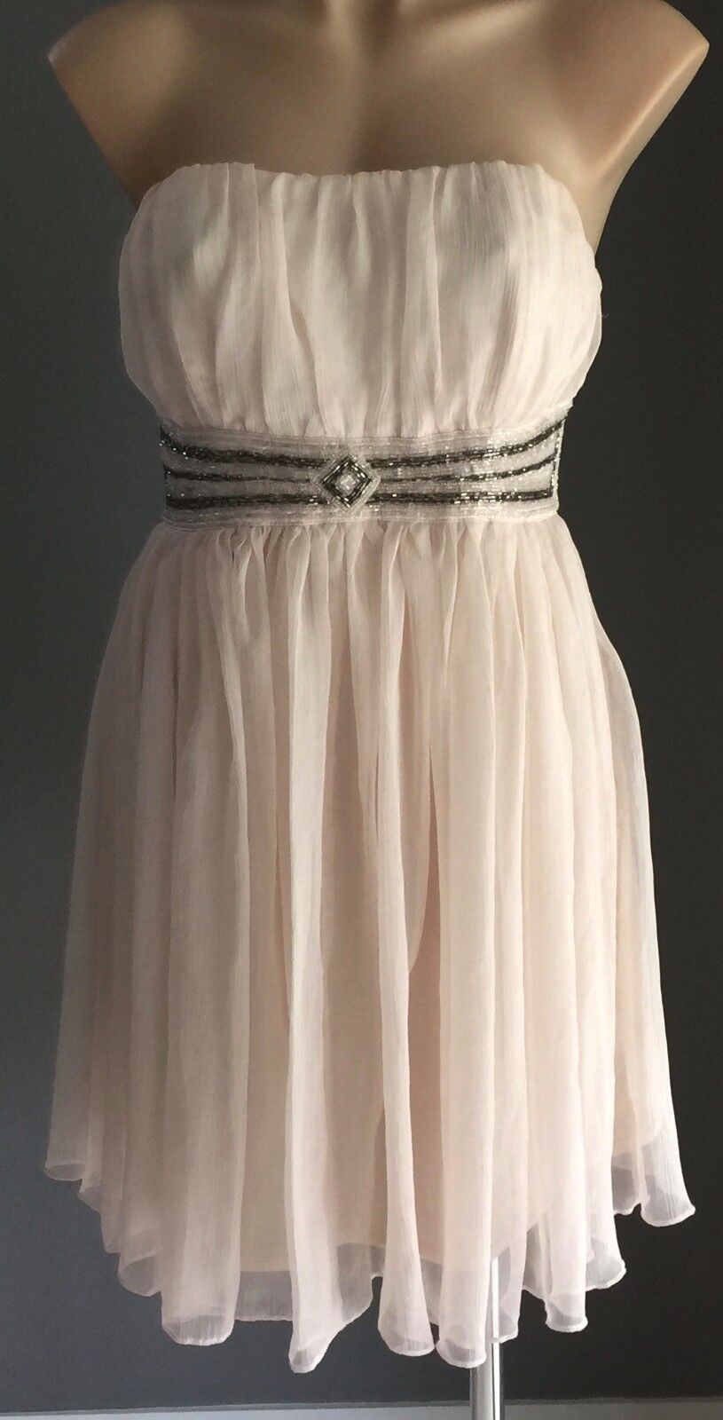 VALLEYGIRL Strapless Dress Ivory Gathered Beaded Empire Waist Size 12 Retro