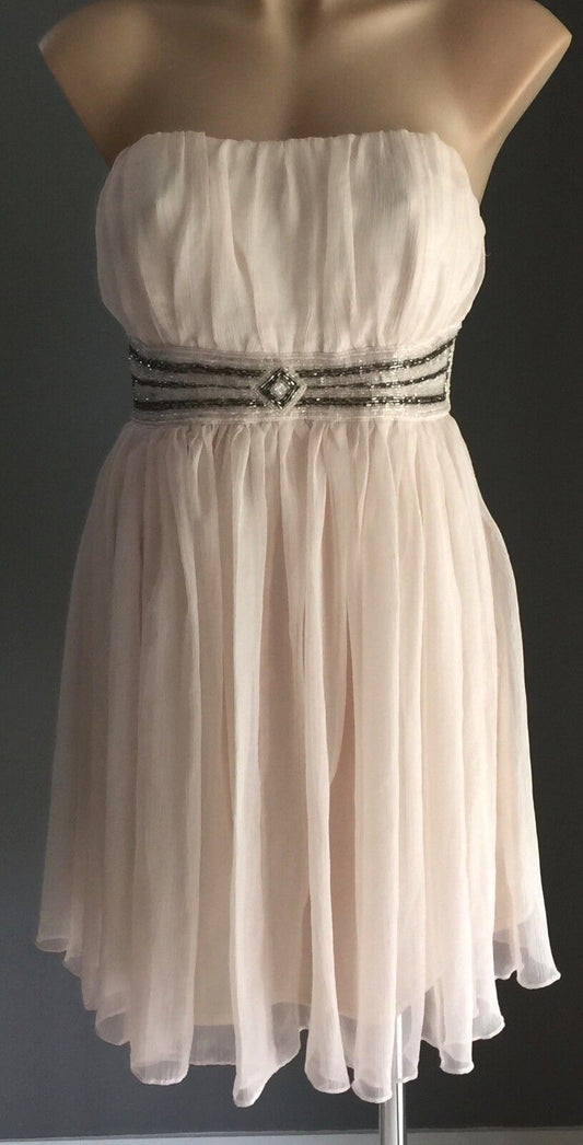 VALLEYGIRL Strapless Dress Ivory Gathered Beaded Empire Waist Size 12 Retro