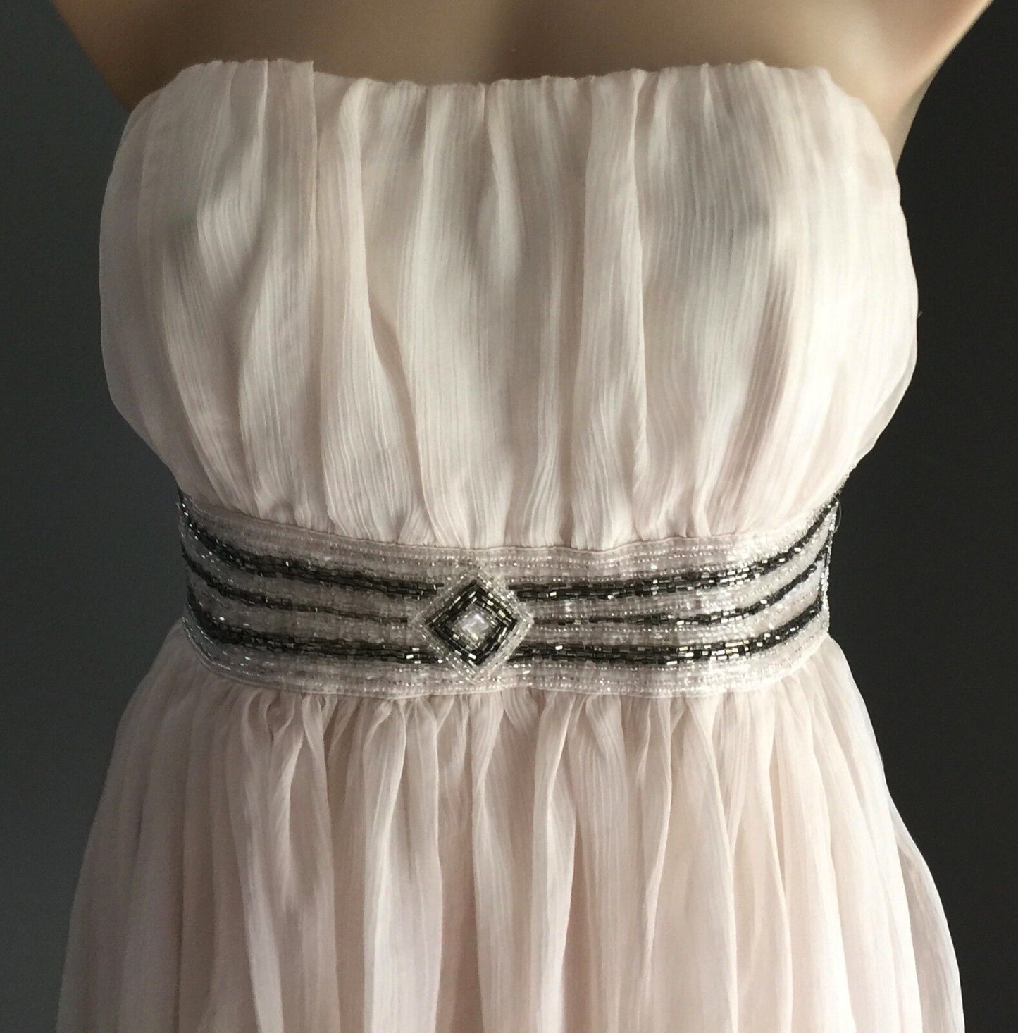 VALLEYGIRL Strapless Dress Ivory Gathered Beaded Empire Waist Size 12 Retro