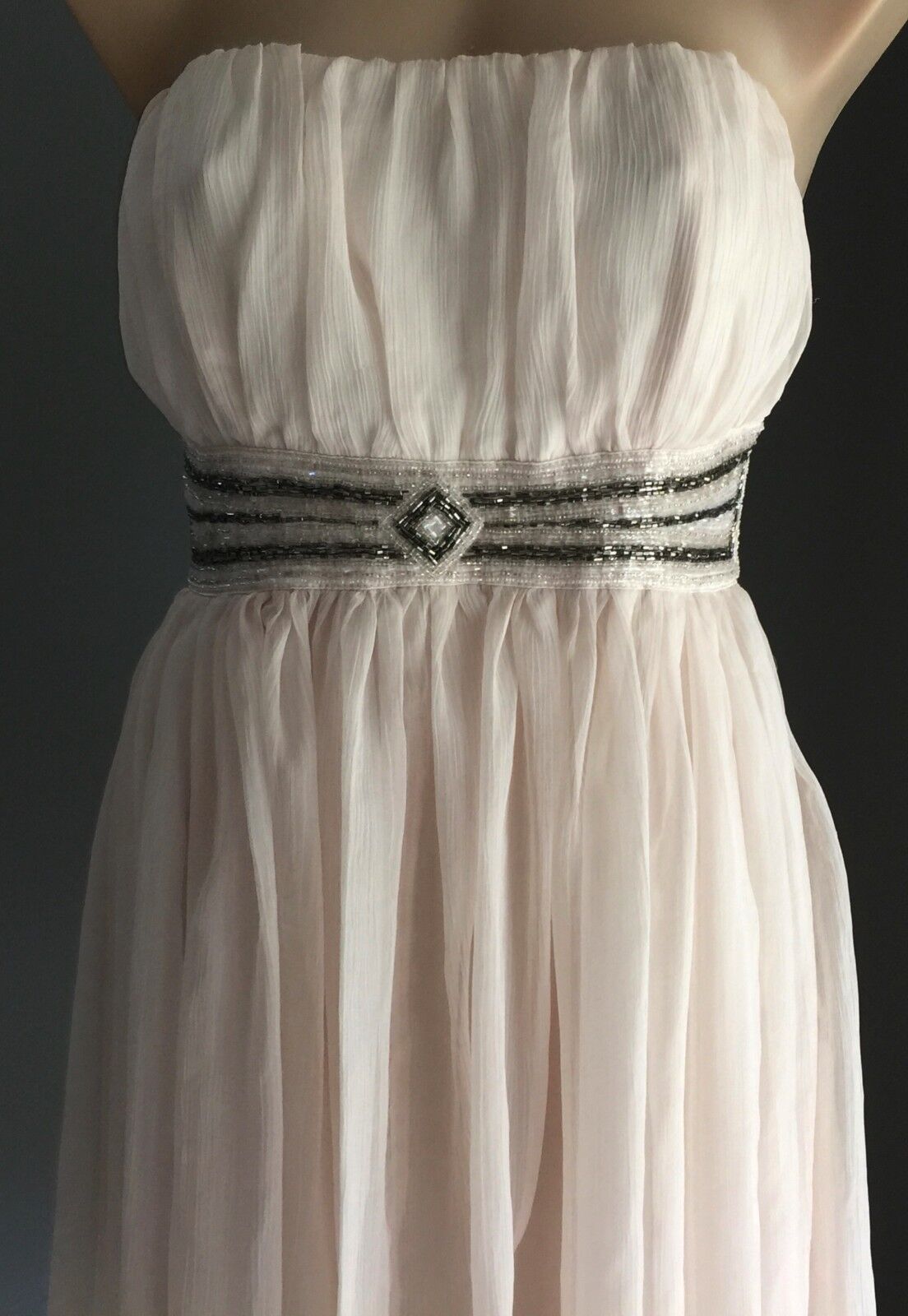 VALLEYGIRL Strapless Dress Ivory Gathered Beaded Empire Waist Size 12 Retro
