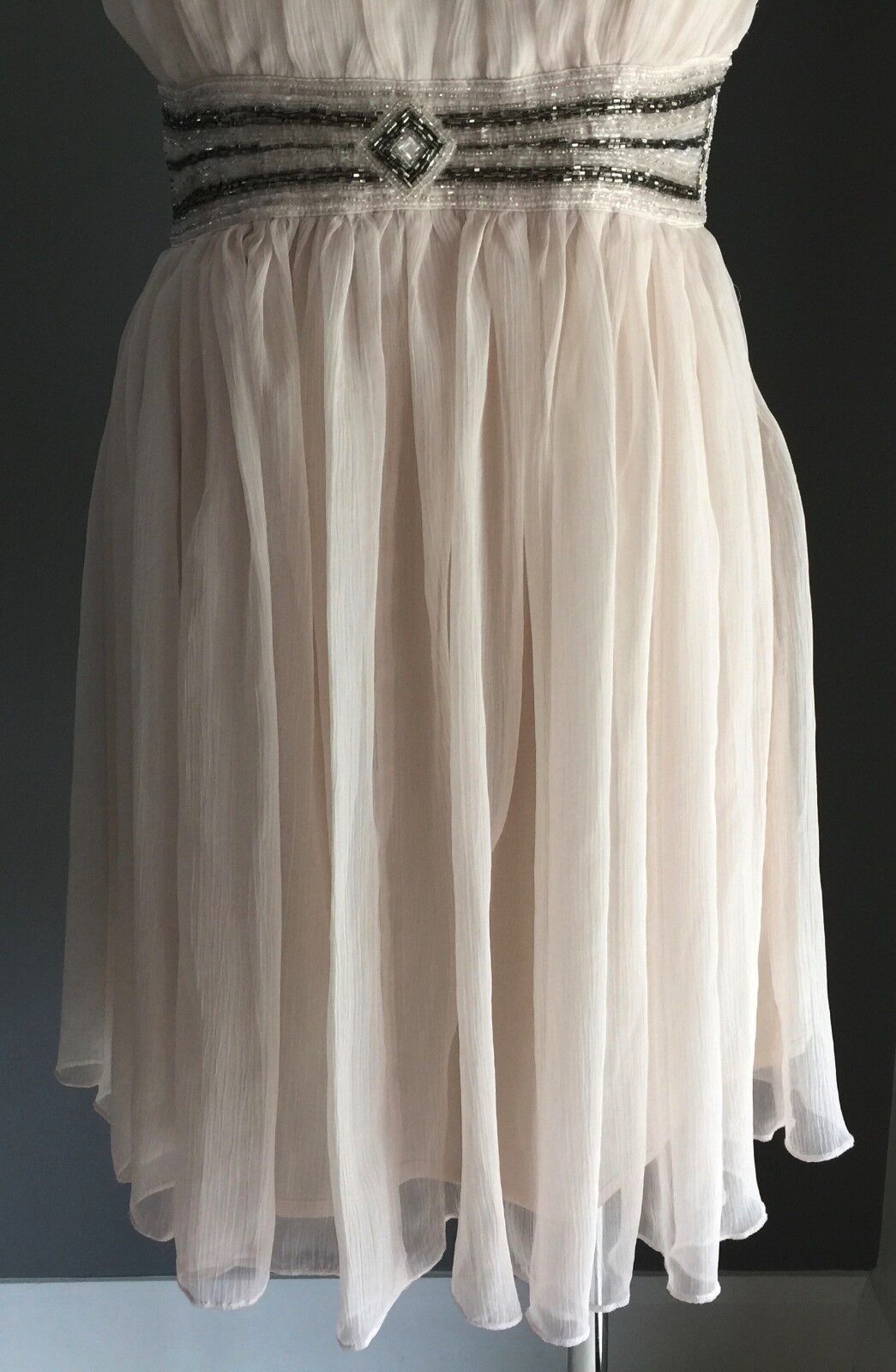 VALLEYGIRL Strapless Dress Ivory Gathered Beaded Empire Waist Size 12 Retro