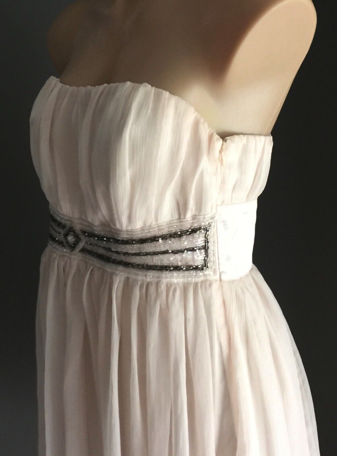 VALLEYGIRL Strapless Dress Ivory Gathered Beaded Empire Waist Size 12 Retro