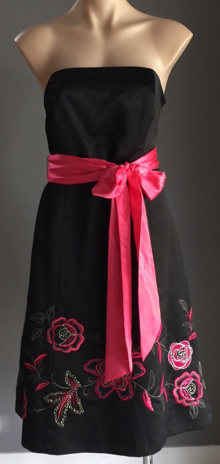 Strapless Dress DEBUT Black Floral Embroidery Hem A-Line Sz 14 (10 12) 1950's