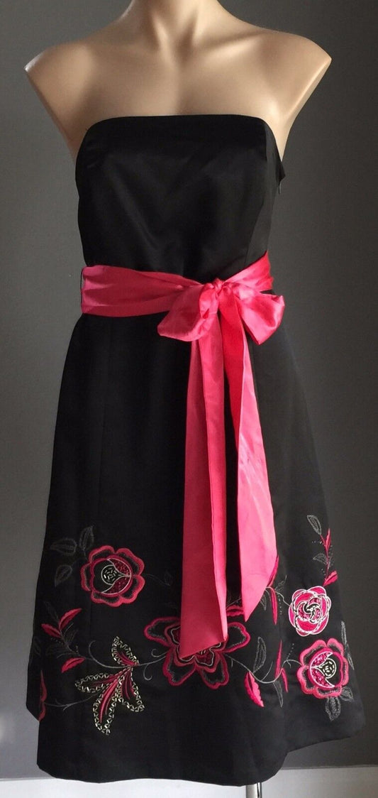 Strapless Dress DEBUT Black Floral Embroidery Hem A-Line Sz 14 (10 12) 1950's