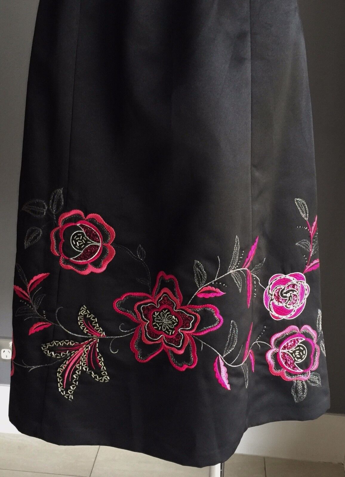 Strapless Dress DEBUT Black Floral Embroidery Hem A-Line Sz 14 (10 12) 1950's