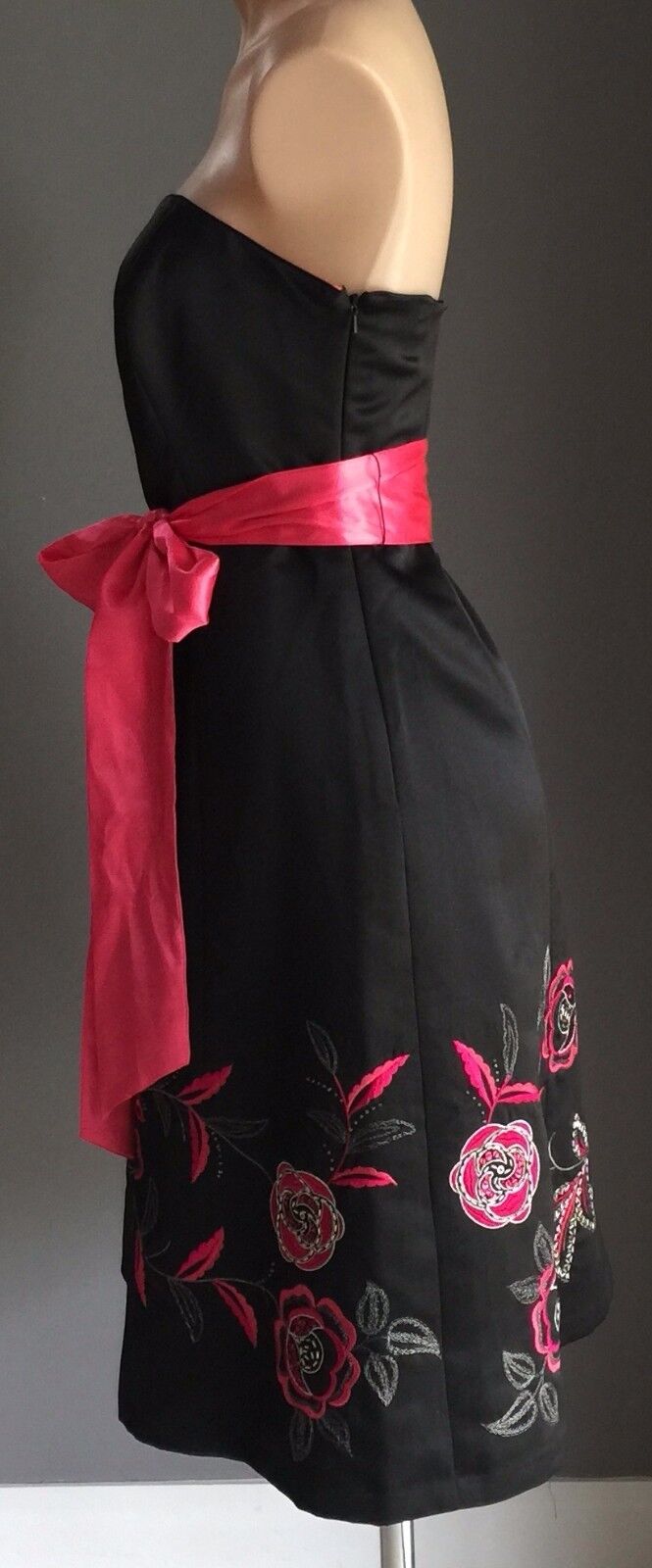 Strapless Dress DEBUT Black Floral Embroidery Hem A-Line Sz 14 (10 12) 1950's