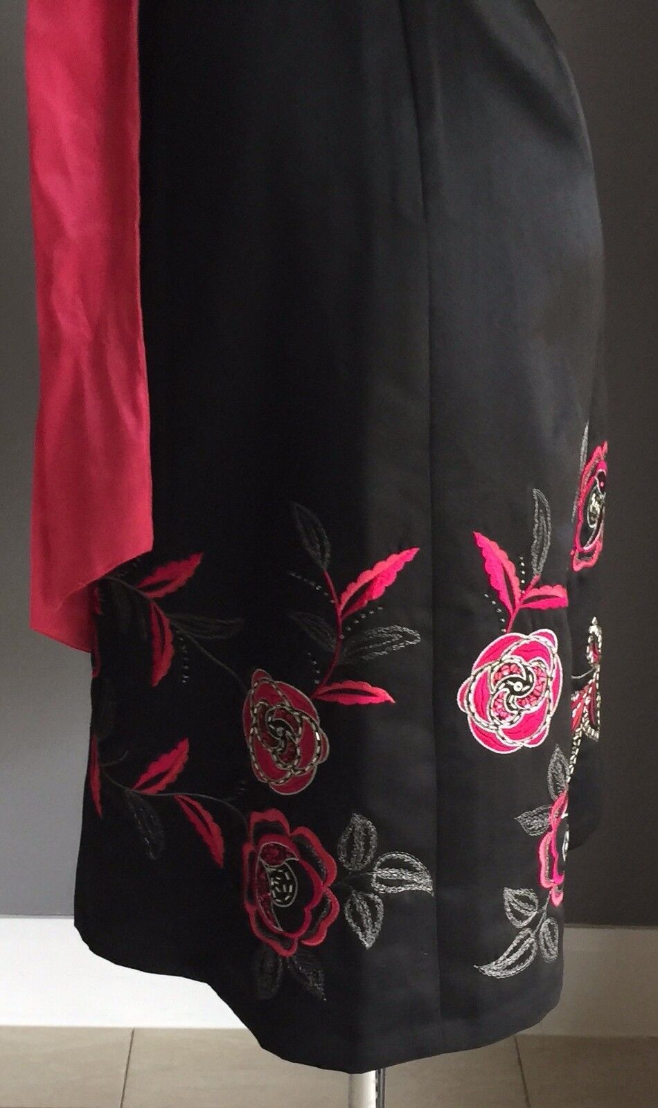 Strapless Dress DEBUT Black Floral Embroidery Hem A-Line Sz 14 (10 12) 1950's