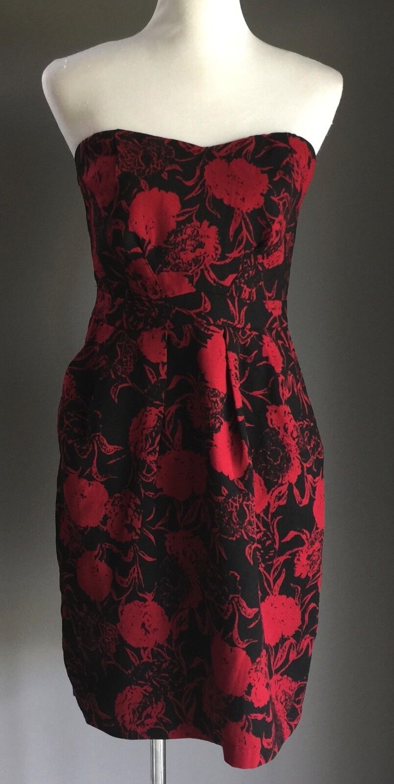 BARKINS Strapless Dress Burgundy & Black Floral Print Size 10 Figure Flattering