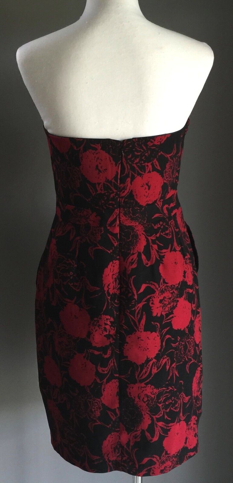 BARKINS Strapless Dress Burgundy & Black Floral Print Size 10 Figure Flattering