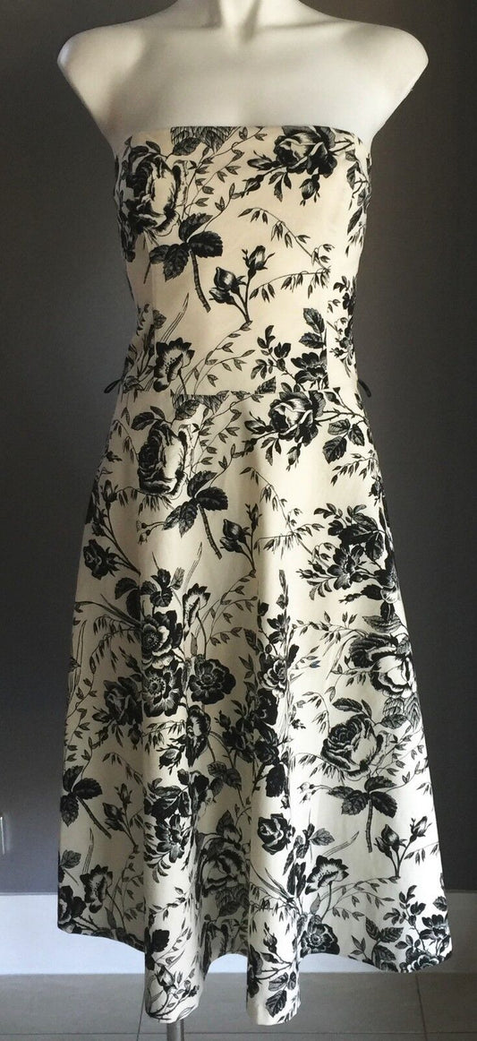 Strapless Dress PROVOKE Cream Black Floral Print Frock Ladies Size 8 10 Stylish