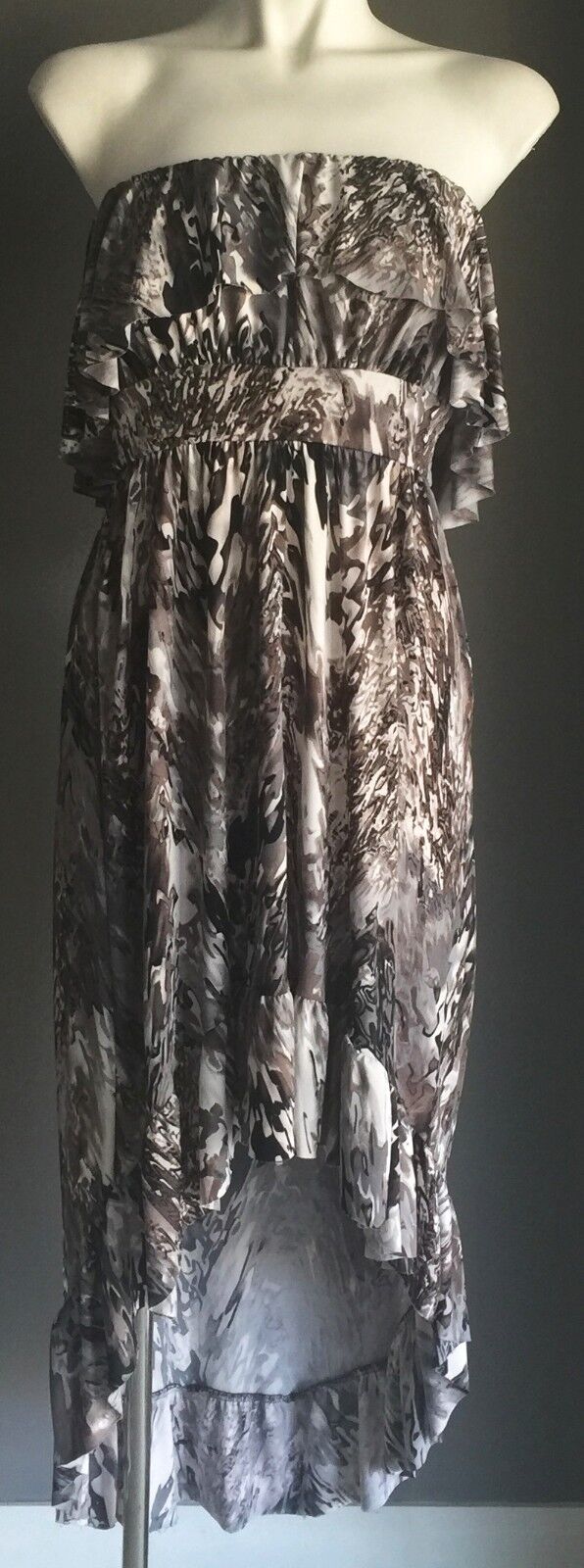 Strapless Dress CAROLINE MORGAN Brown Black Grey Dip Hem Size S 8 10 70's Look