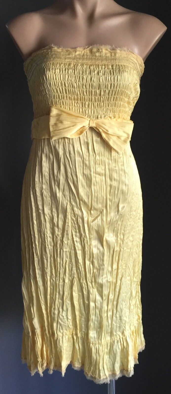 KATHERINE Strapless Dress Party Yellow Shirred Crinkle Fabric Diamantes Sz 12 14