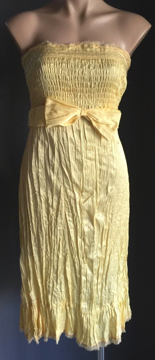 KATHERINE Strapless Dress Party Yellow Shirred Crinkle Fabric Diamantes Sz 12 14
