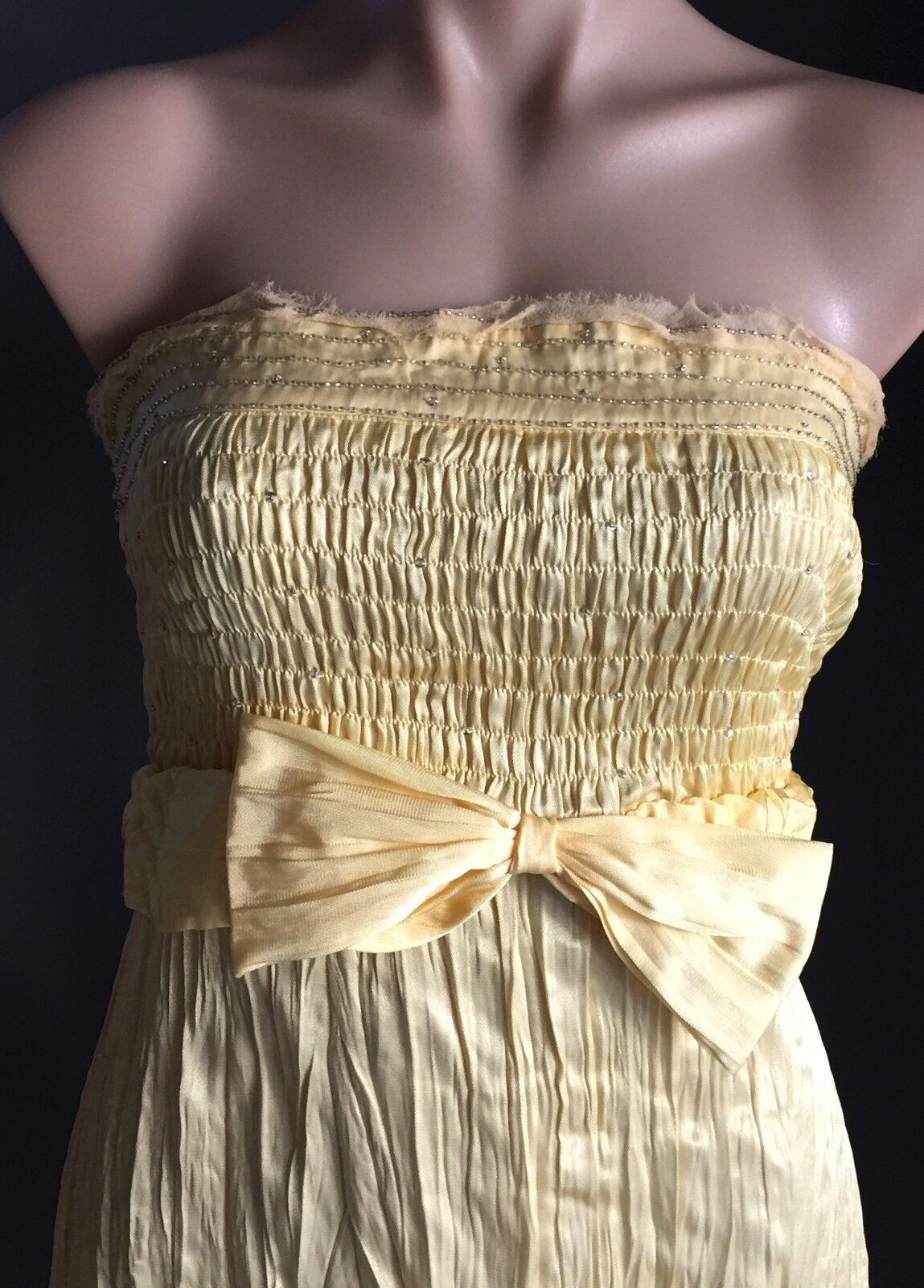 KATHERINE Strapless Dress Party Yellow Shirred Crinkle Fabric Diamantes Sz 12 14