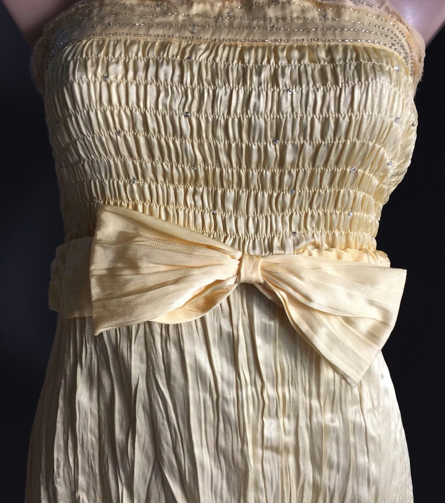 KATHERINE Strapless Dress Party Yellow Shirred Crinkle Fabric Diamantes Sz 12 14