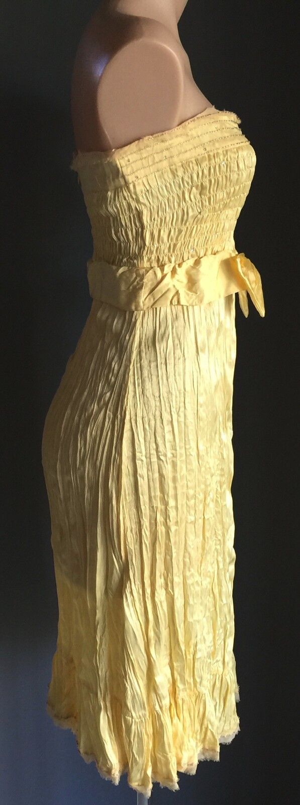 KATHERINE Strapless Dress Party Yellow Shirred Crinkle Fabric Diamantes Sz 12 14