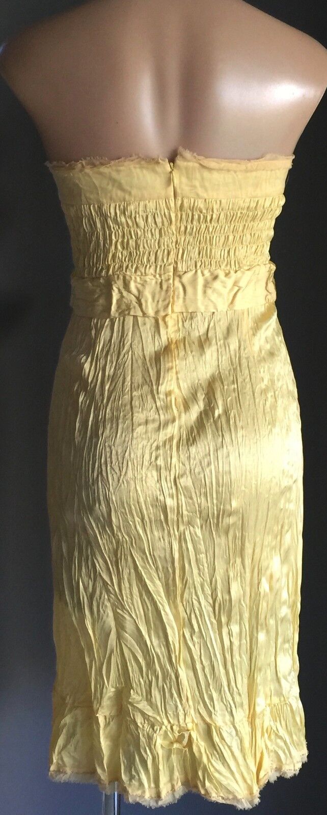 KATHERINE Strapless Dress Party Yellow Shirred Crinkle Fabric Diamantes Sz 12 14