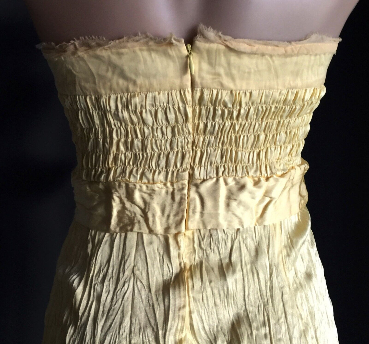KATHERINE Strapless Dress Party Yellow Shirred Crinkle Fabric Diamantes Sz 12 14