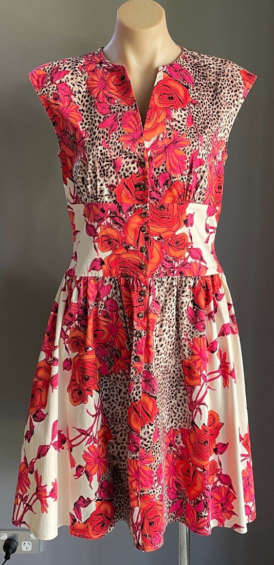 OTTO MODE Tea Dress Rose & Leopard Print Knee Length Frock Size 12 NEW