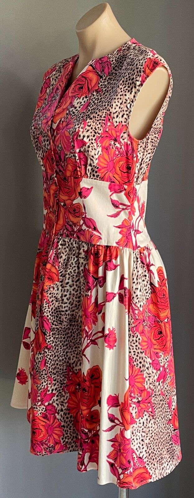 OTTO MODE Tea Dress Rose & Leopard Print Knee Length Frock Size 12 NEW