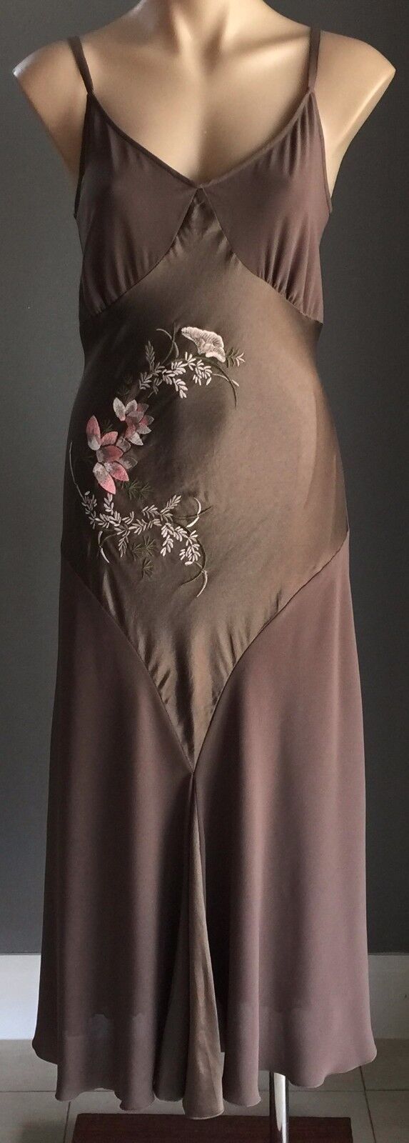 CHELSEA DESIGN Dress Brown Floral Embroidered Sleeveless Frock Ladies Size 12