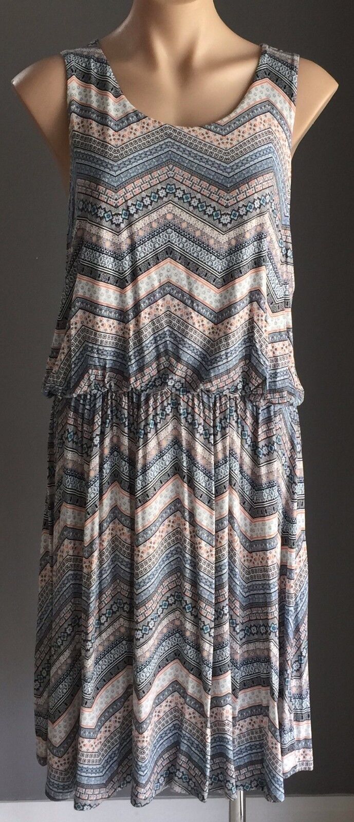 SUZANNE GRAE Dress Multi Colour Tile Print Sleeveless Blouson Size L 12 Retro