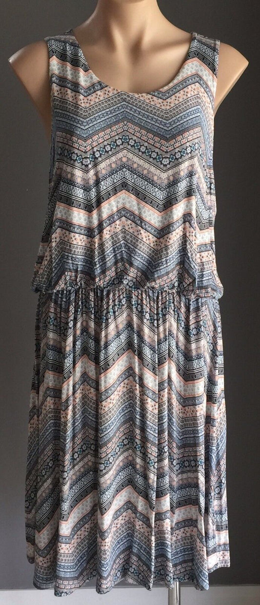 SUZANNE GRAE Dress Multi Colour Tile Print Sleeveless Blouson Size L 12 Retro