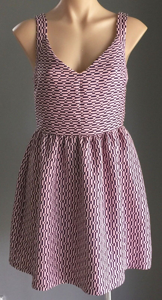 ZEITGEIST Pink & Navy Geo Print Sleeveless Skater Dress Ladies Size 12 NEW