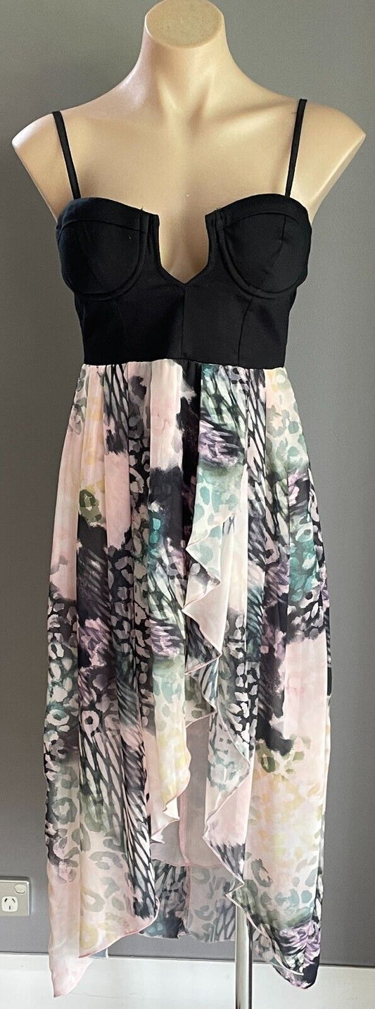 PARADISCO Bustier Sleeveless Hi-Lo Hem Dress Size 12 Black & Multicolour Print