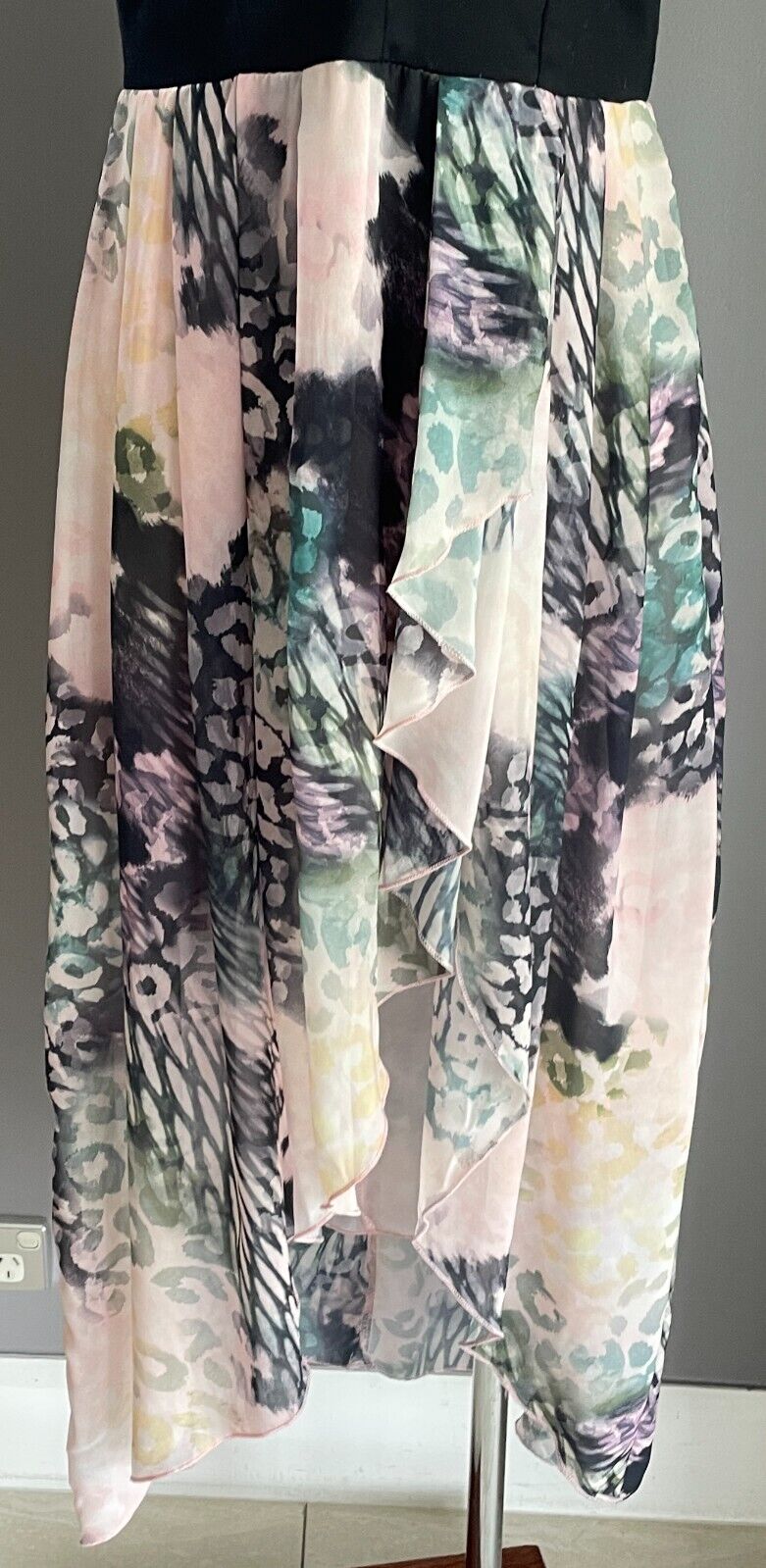 PARADISCO Bustier Sleeveless Hi-Lo Hem Dress Size 12 Black & Multicolour Print
