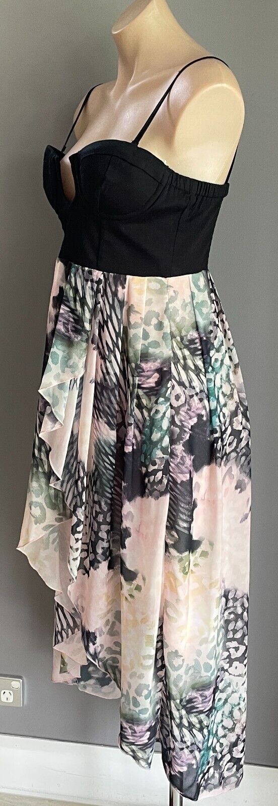 PARADISCO Bustier Sleeveless Hi-Lo Hem Dress Size 12 Black & Multicolour Print