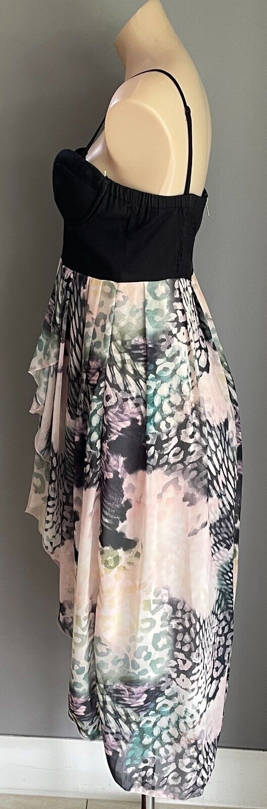 PARADISCO Bustier Sleeveless Hi-Lo Hem Dress Size 12 Black & Multicolour Print